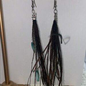 Elegant green blue and Silver Feather Earrings